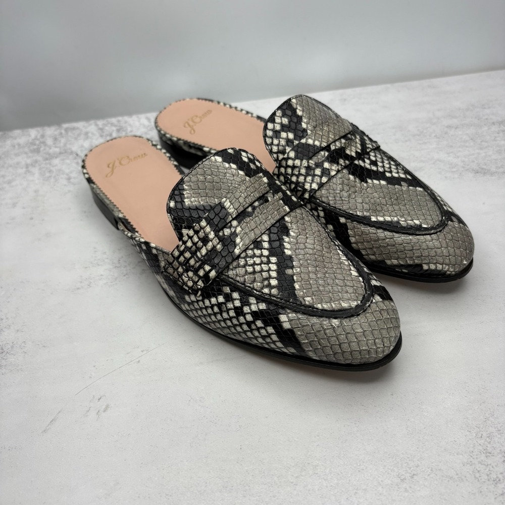 J.Crew Academy Penny Loafer Mules 7 Gray Black Snake-Embossed Leather Preppy